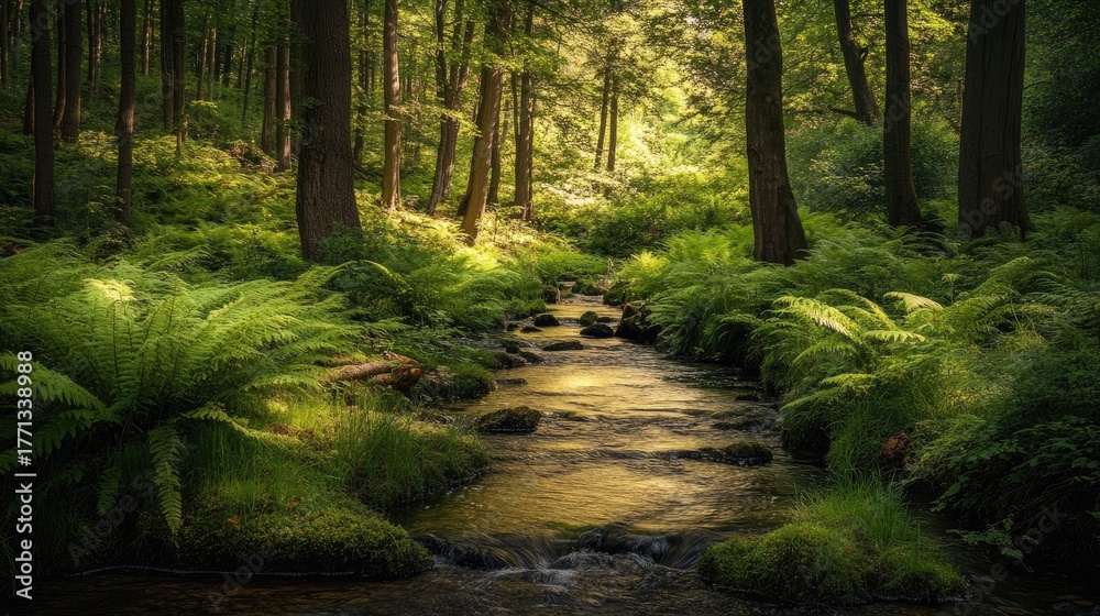 Fototapeta premium Sunlight streams through a lush green forest with a small stream