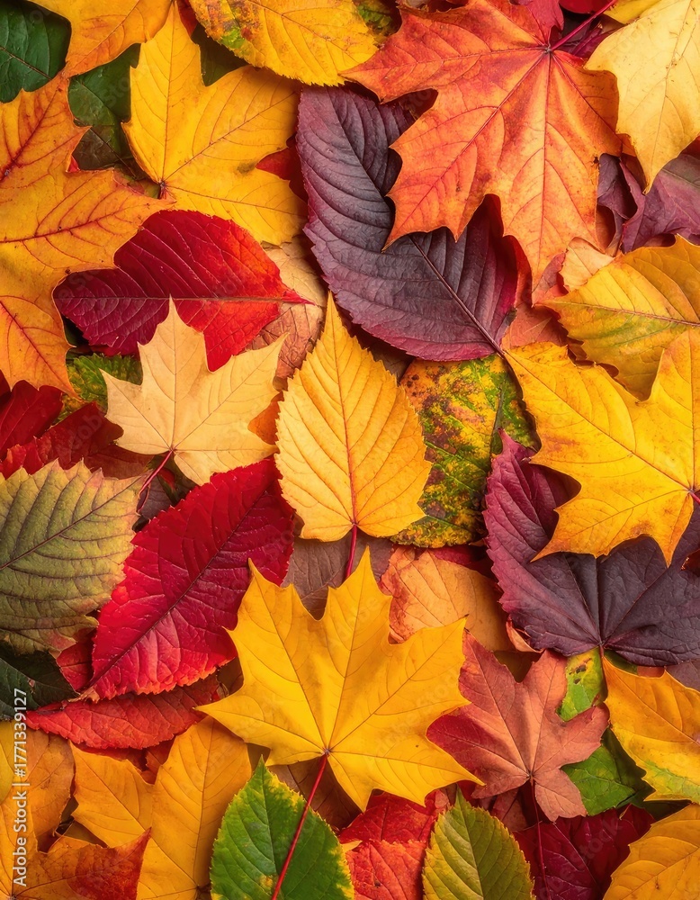 Fototapeta premium A vibrant pile of colorful autumn leaves in shades of red, yellow, and purple