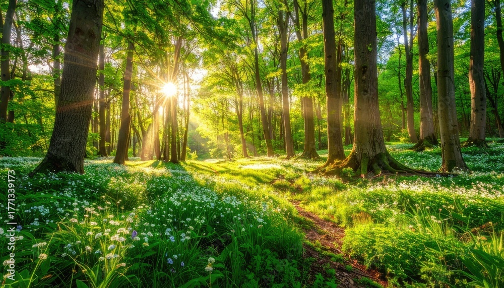 Obraz premium Sunbeams stream through a vibrant, green forest, illuminating a tranquil path