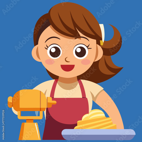 Cartoon woman cooking pasta with a pasta making machine