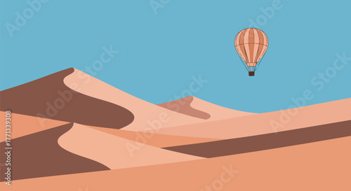 Hot air balloon soars over desert dunes landscape art