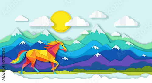 Colorful geometric horse illustration in mountain scene
