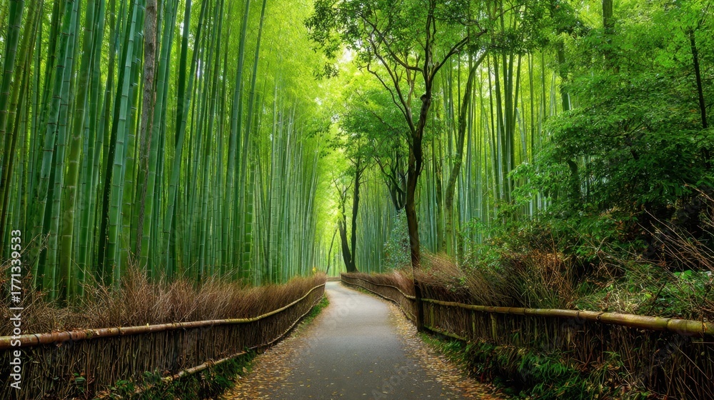 Fototapeta premium A peaceful path winds through tall bamboo stalks inviting exploration in a vibrant green oasis.