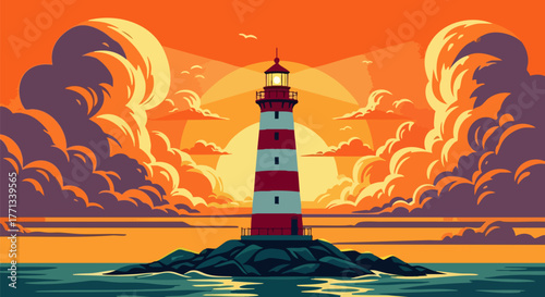 Striking lighthouse stands tall against a sunset sky