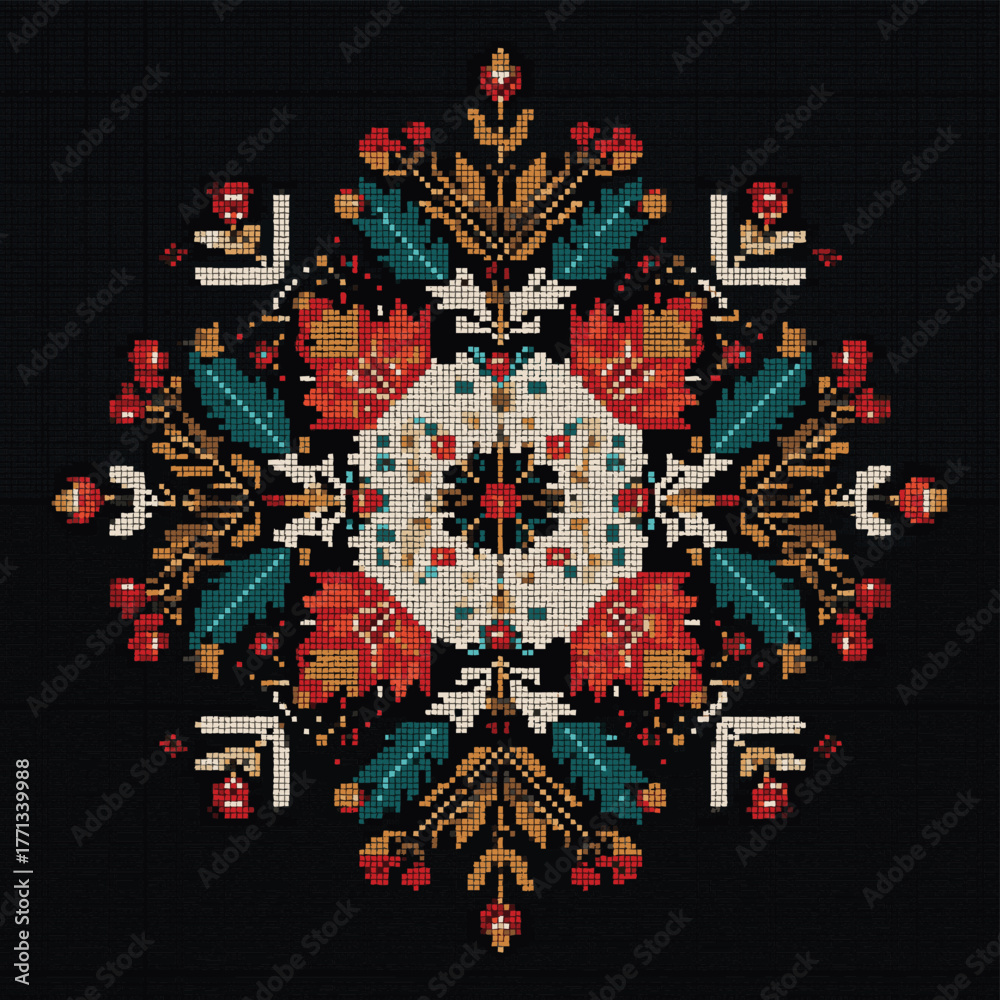 Obraz premium Christmas Cross stitch ethnic embroidery, festive, traditional, celebration pixel art style pattern design.