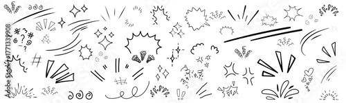 Comic boom burst, explosive smoke, line speed cartoon element icon. Comic cartoon line explosive effect, speed burst motion element set. Vector illustration