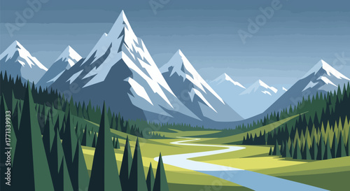 Scenic mountain landscape with river and forest view