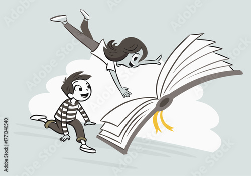 Joyful Children Diving into Fantasy Book, Symbolizing Education and Imagination