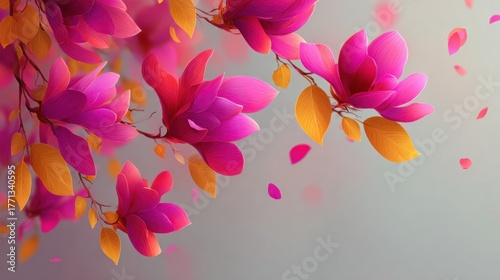 Colorful petals swirl gracefully as gentle winds sway the blooming flowers in a serene scene.