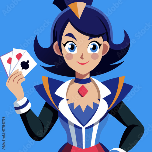 A happy magician cartoon character holding playing cards