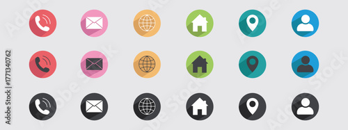 Multicolor Business & Communication Icon Set – Red, Blue, Green, Orange, Rose & Black Minimal Vector Icons for Web and Mobile