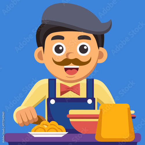 Cartoon Chef preparing delicious food on a plate