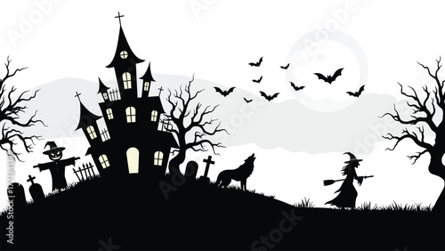 Halloween Night Spooky Castle, Bats, Witch, and Wolf Silhouette