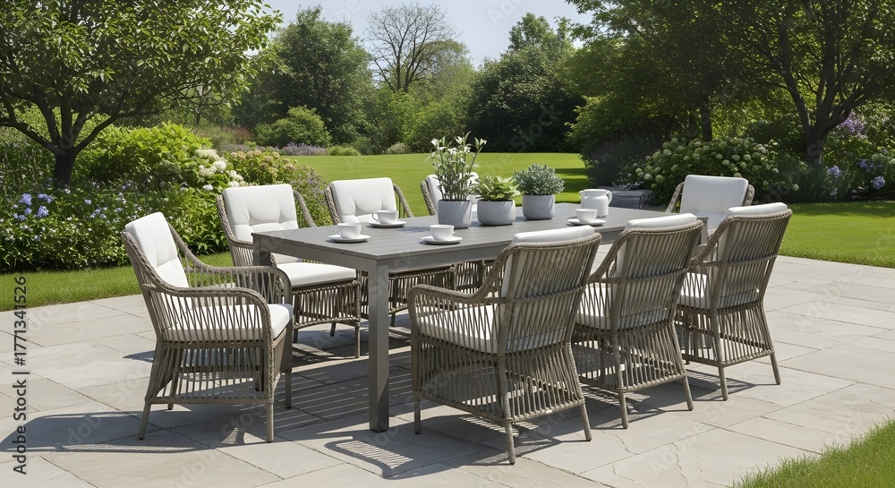 Fototapeta premium Outdoor dining set on a stone patio with wicker chairs and a grey table, surrounded by a vibrant green garden under a sunny sky