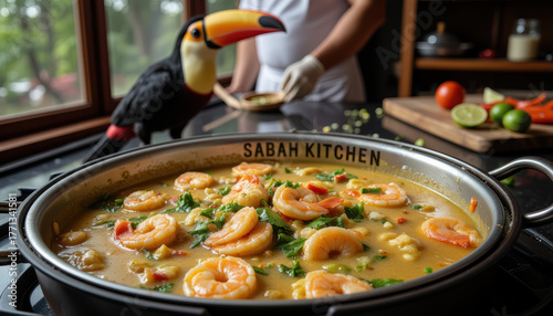 Chef cooking shrimp curry in Sabah Kitchen with toucan toy nearby -