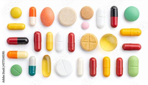 Pills and Capsules Isolated on White Background, Top View with Clipping Path