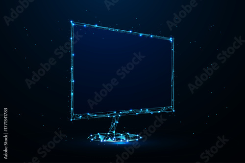 A digital illustration featuring a computer monitor rendered in a futuristic, low poly or polygonal wireframe style against a solid black background.
