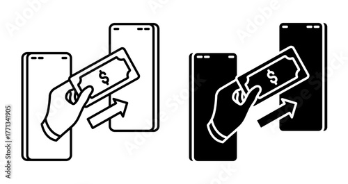 Linear icon. Online service user makes an instant transfer using an e wallet. Simple vector isolated on white background