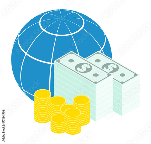 Isometric stacks of money against the backdrop of the globe, a symbol of stability of global financial system. Isolated cartoon vector on white background top view