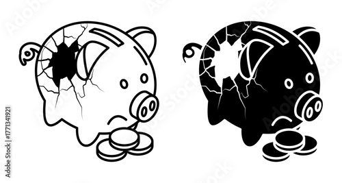 Linear isometric icon. Broken piggy bank for storing money during a financial crisis and an unstable financial situation. Simple vector isolated on white background