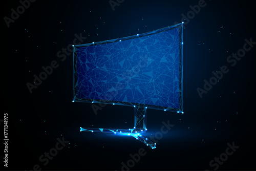 A digital illustration featuring a computer monitor rendered in a futuristic, low poly or polygonal wireframe style against a solid black background.
