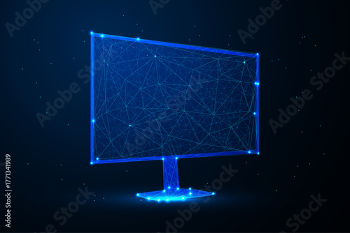 A digital illustration featuring a computer monitor rendered in a futuristic, low poly or polygonal wireframe style against a solid black background.