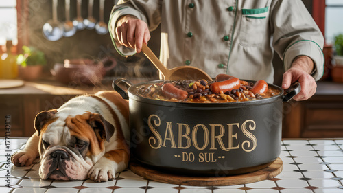 - Chef cooking stew with sleeping dog in the kitchen