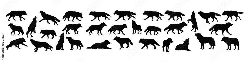 Fototapeta premium Silhouettes of Wolves in Various Poses A Collection of Wildlife Imagery