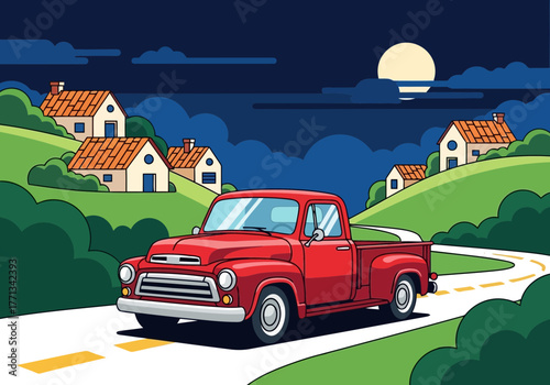 Red Pickup Truck on a Road at Night A Retro Vehicle Driving Through Rolling Hills With Quaint Houses