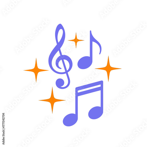 A vibrant icon of musical notes and a treble clef with sparkles, representing a cheerful melody and harmony