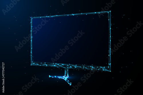 A digital illustration featuring a computer monitor rendered in a futuristic, low poly or polygonal wireframe style against a solid black background.