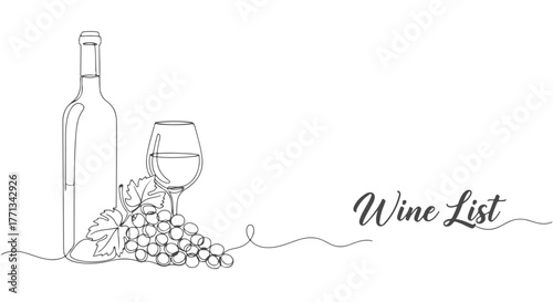 One line continuous drawing of a wine bottle, glass, and grapes, symbolizing a refined taste for a wine list. A minimalist illustration for a beverage menu