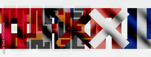 Abstract geometric composition. Rectangles, squares create complex pattern. Red, white, black dominate color scheme. Minimalist design.