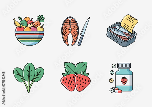 Healthy eating and wellness icons a vibrant collection of fruits, vegetables, fish, and vitamin bottles for balanced lifestyle