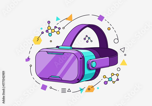 Immersive virtual reality headset technology with abstract geometric shapes and molecular structures illustrating innovation and future