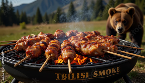 Curious dog watching skewered meat on outdoor barbecue in meadow-