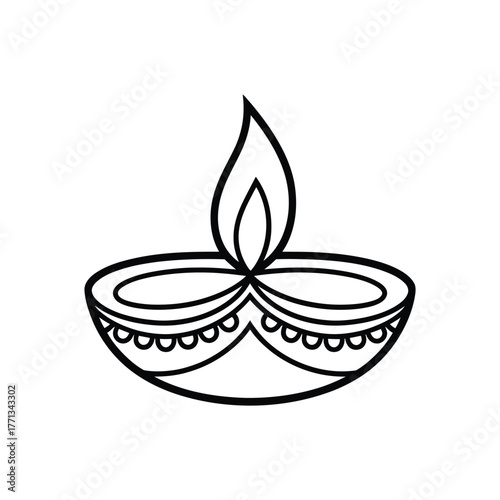 Simple line art drawing of a traditional indian diya lamp with a flame