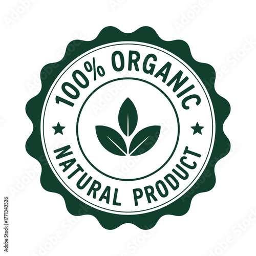 100% Organic Natural Product Green Label Seal Badge Vector Icon.