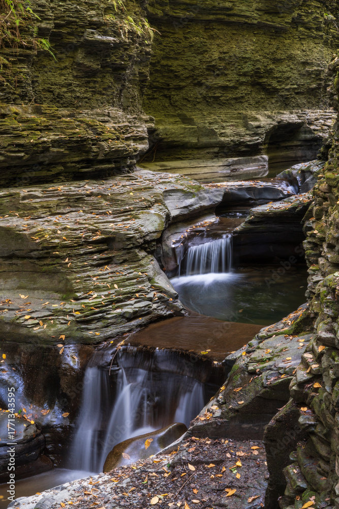 Fototapeta premium Watkins Glen State Park New York, Gorge Trail with Waterfalls and Stone Bridges