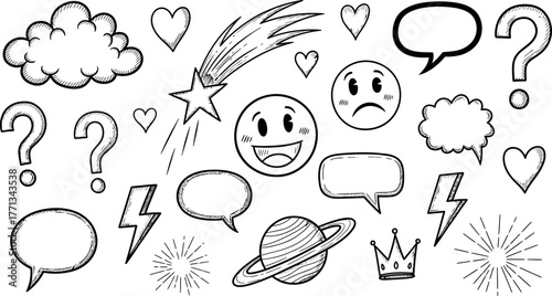 Hand-drawn doodle elements cosmic cloud starbursts emojis question marks speech bubbles lightning bolt planet