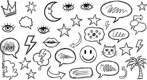 Whimsical hand drawn doodle elements set featuring stars moon smiley faces and speech bubbles for creative design