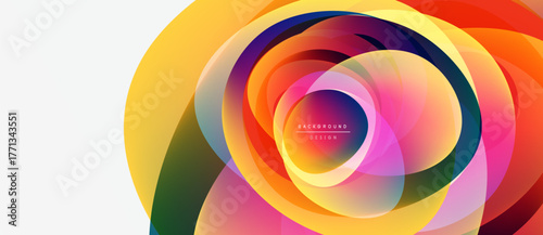 Abstract colorful layers create dynamic circular design. Vibrant hues blend, forming modern background element. Smooth gradients suggest movement, energy.