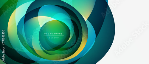 Abstract swirling layers, vibrant greens, blues, yellows. Modern design element, clean white space present. Smooth gradients create depth.