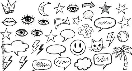 Collection of hand drawn doodle icons including stars eyes lips crown moon smiley face and palm tree for creative projects