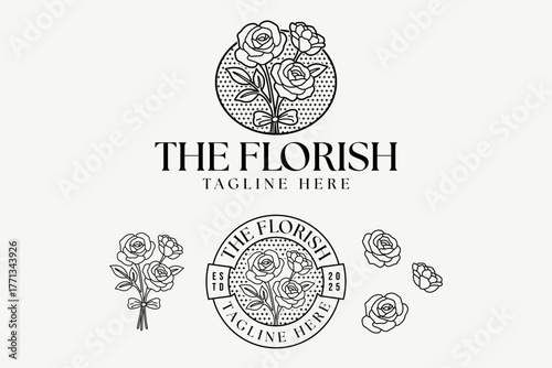 Rose flower elegant logo in minimal line art style for beauty care, spa, salon, cosmetic. Beauty rose botanical badge with retro circular badge design for skincare, florist, wedding, boutique