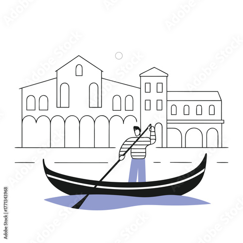 Gondolier singing in misty venice canals at dawn