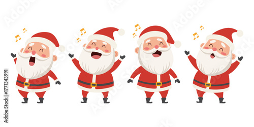Cute singing Santa Claus characters. Set for Christmas design. Isolated on a white background.