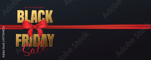 Black friday sale with red ribbon and bow on dark background