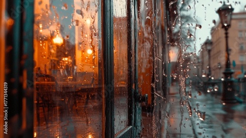 Rainy urban street view through a wet window with warm indoor reflections creating a cozy atmosphere