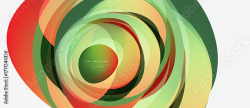 Abstract colorful layers create swirling dynamic pattern. Soft gradients blend, forming circular design. Modern visual element.